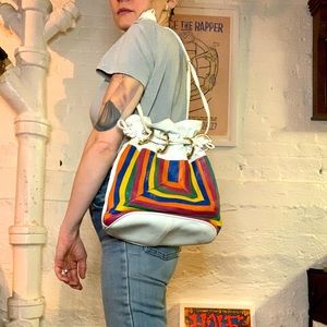 VINTAGE rainbow/white leather bucket bag